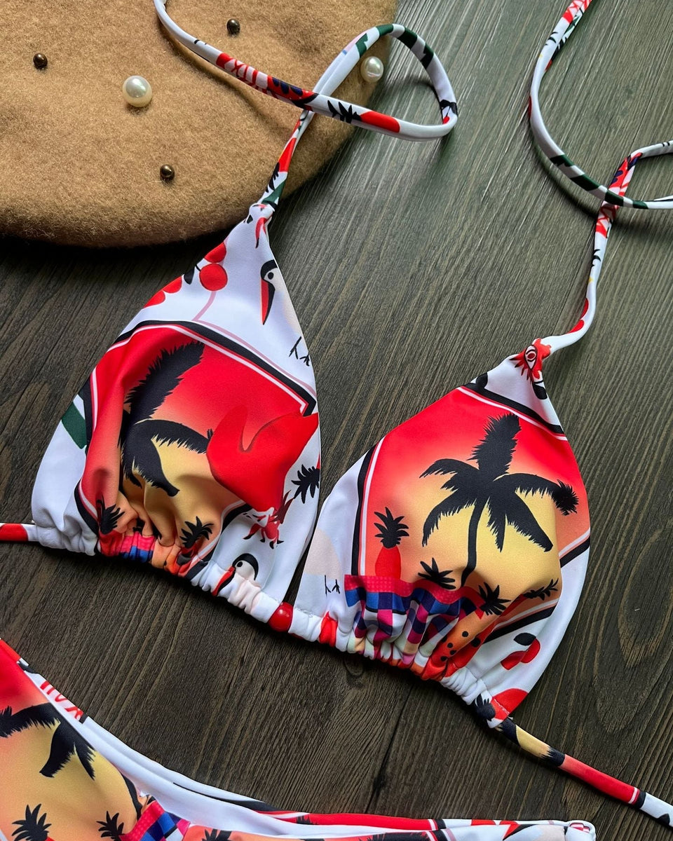 Baskılı Üçgen Bağlama İpli Üç Noktalı Bikini