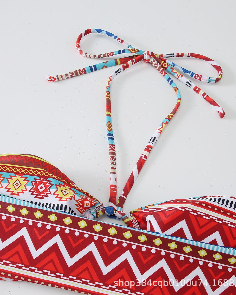 Baskılı Antik Stil Askılı Asılı Boyun Bikini