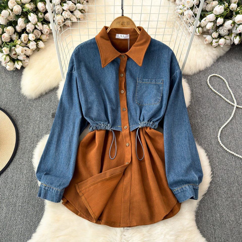 Şık Denim Patchwork Esnek Gömlek
