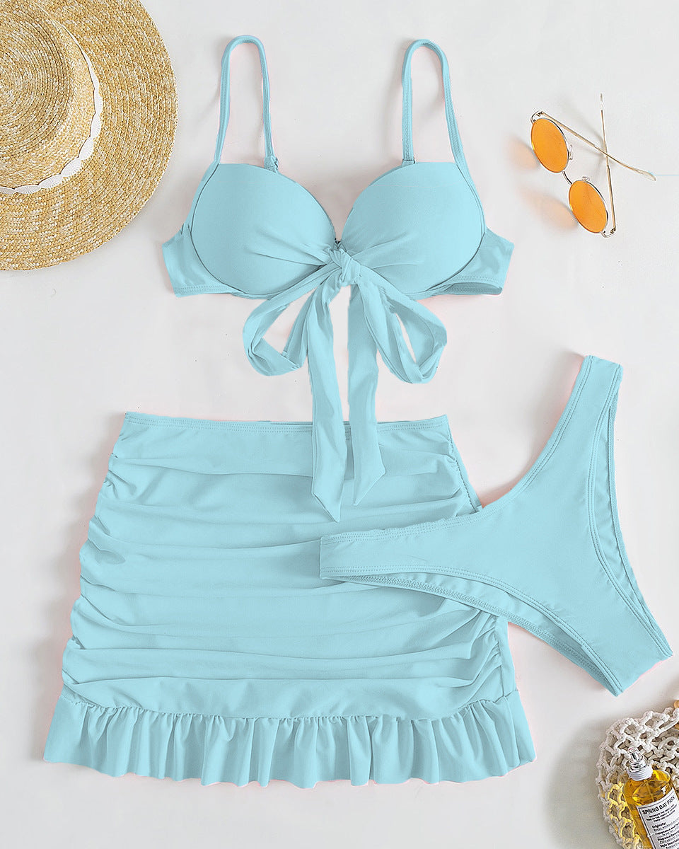 Düz Renk Üç Parça Yüksek Sarma Bikini