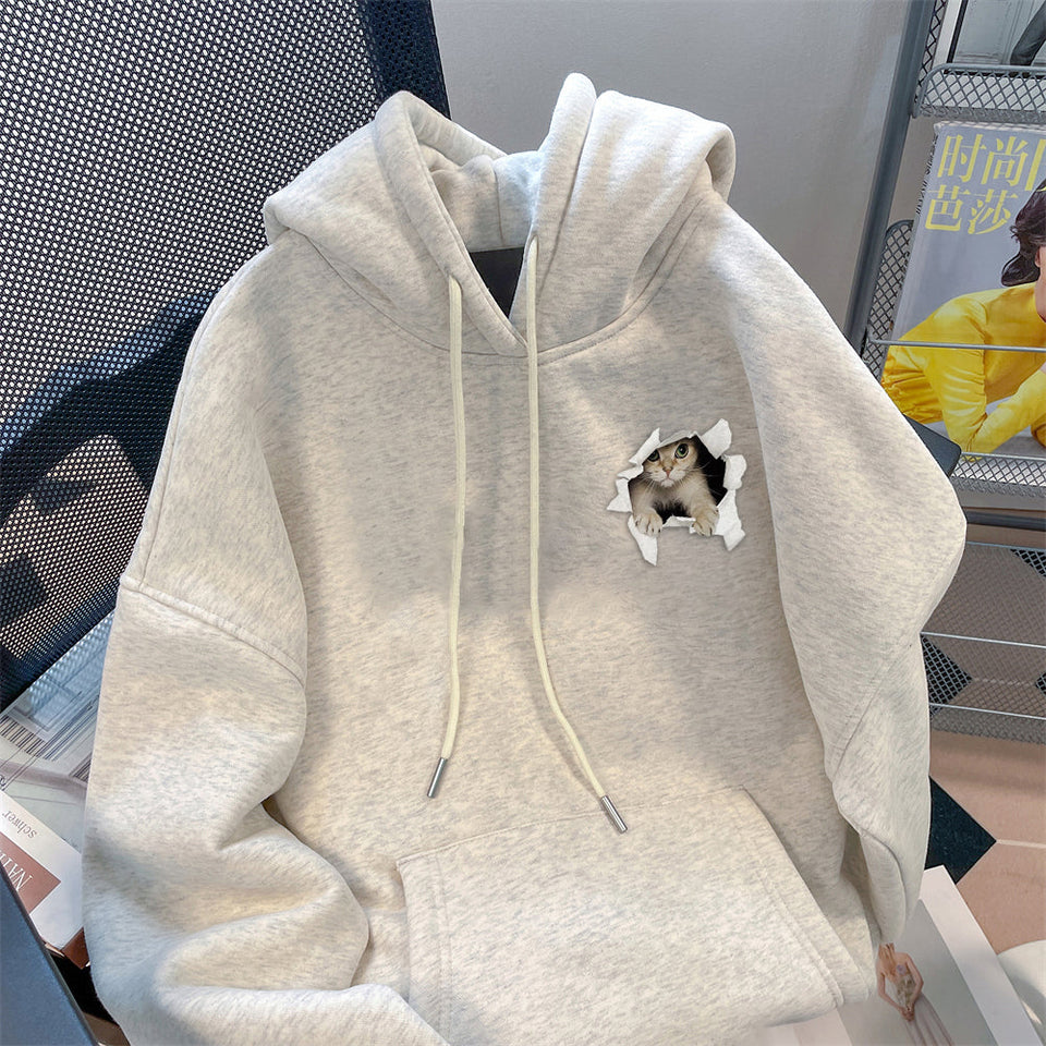 Kedi Baskılı Termal Kapüşonlu Sweatshirt