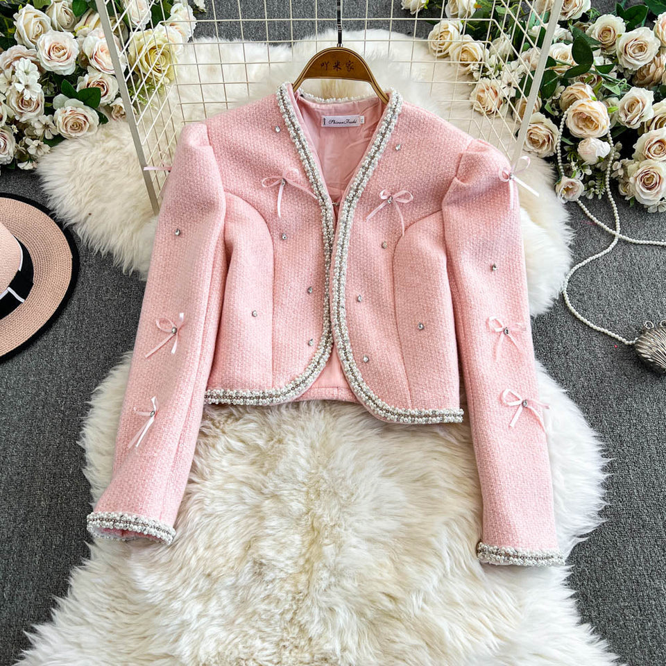 Fiyonk Boncuklu Pembe Tweed Üst