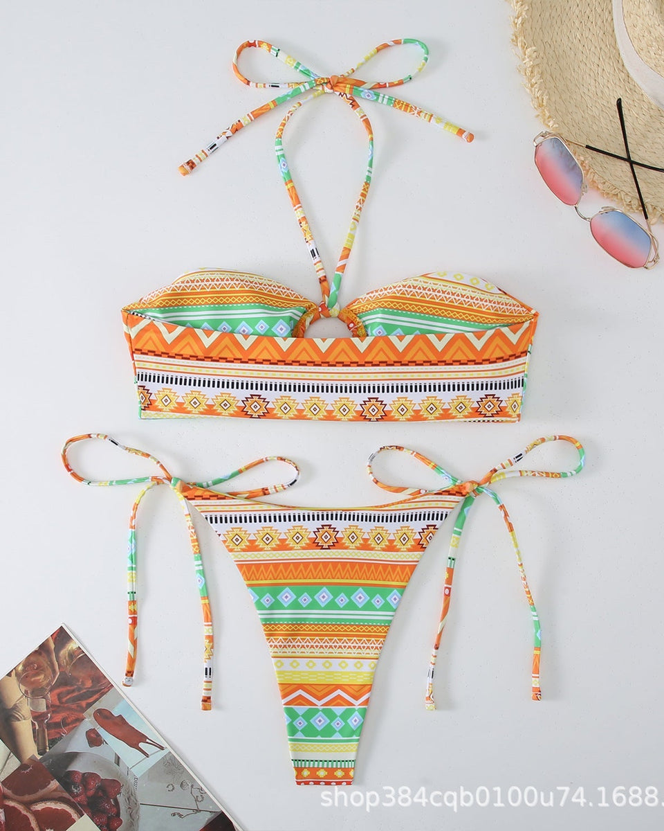 Baskılı Antik Stil Askılı Asılı Boyun Bikini