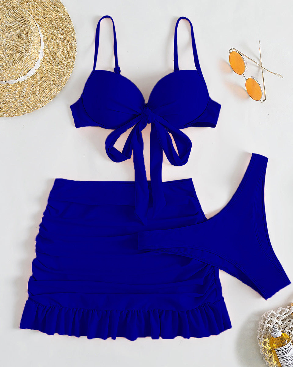 Düz Renk Üç Parça Yüksek Sarma Bikini