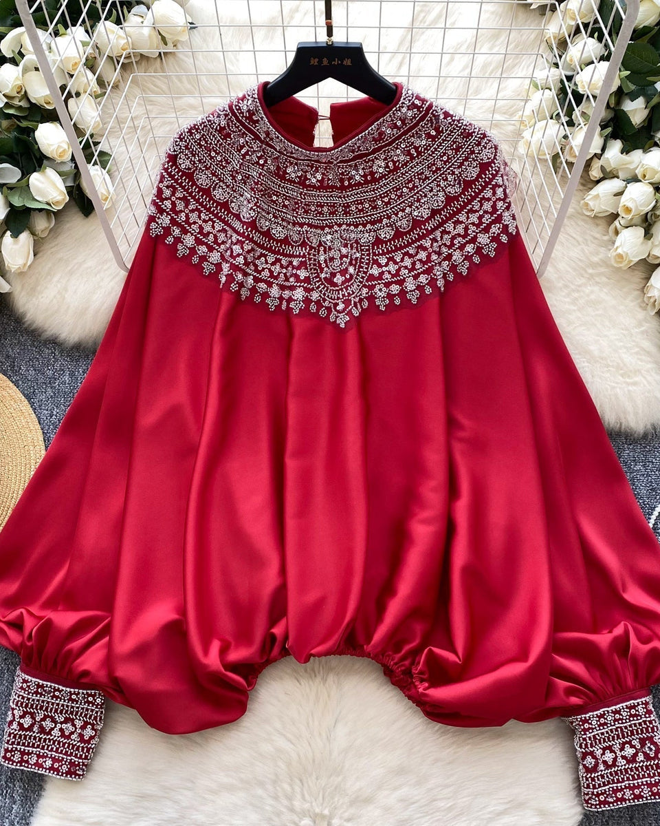 Etnik Stil Boncuklu Yarasa Kol Gömlek