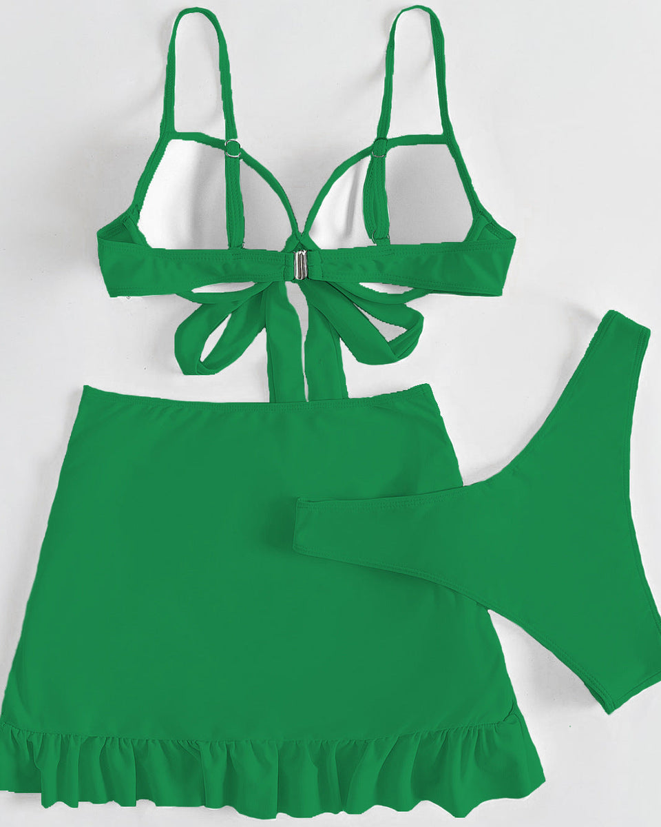 Düz Renk Üç Parça Yüksek Sarma Bikini