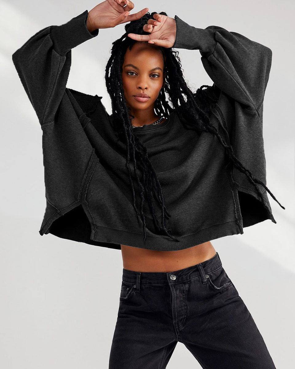 Yuvarlak Yaka Bol Kesim Yıpranmış Sweatshirt