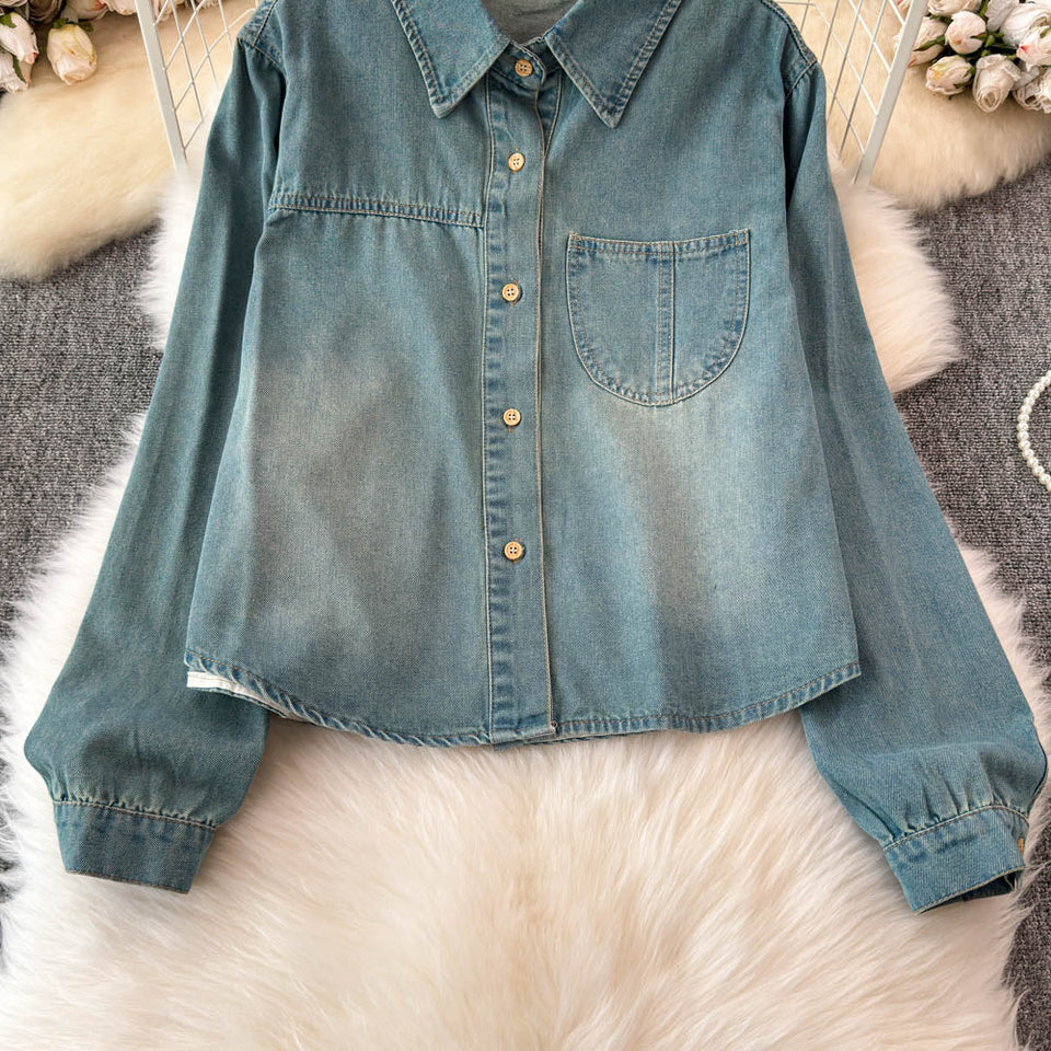Şal Detaylı Yaka Açık Denim Gömlek