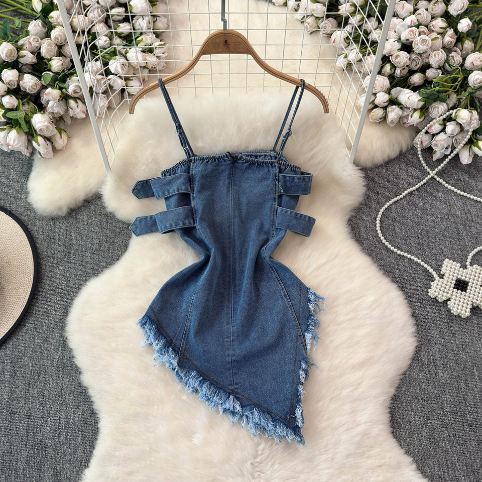 Düzensiz Tasarım Kabarık Denim Sıfır Yaka Bluz