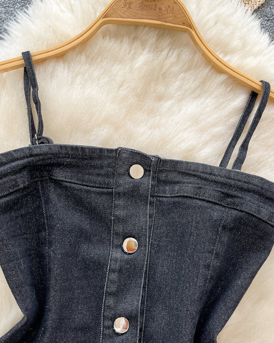 Kore Tarzı Niş Denim Askılı Tişört