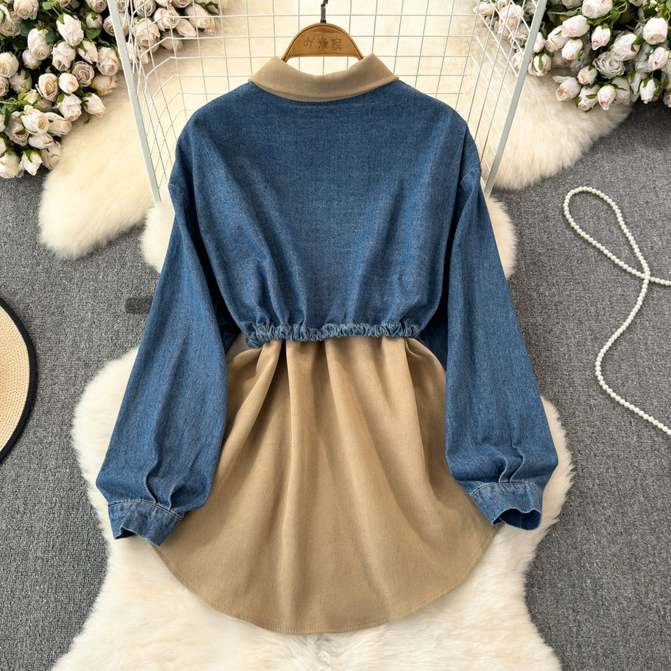 Şık Denim Patchwork Esnek Gömlek
