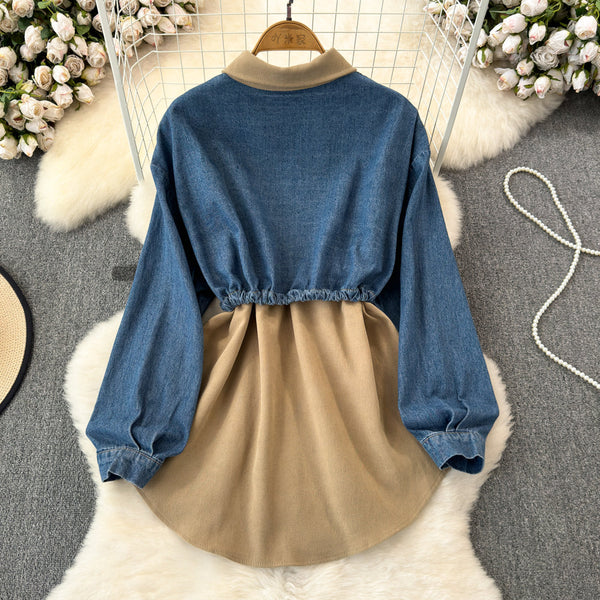 Şık Denim Patchwork Esnek Gömlek