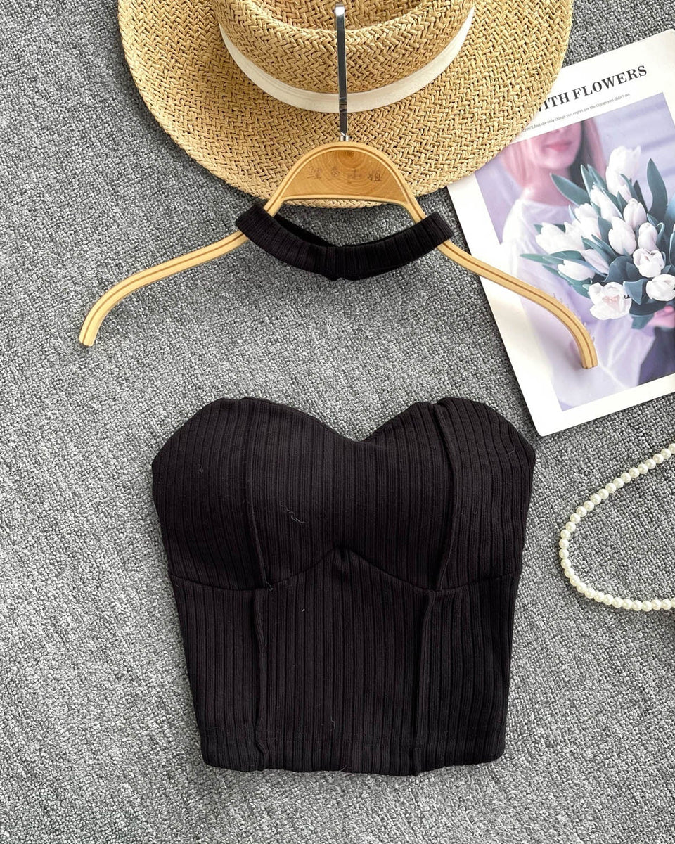 Choker ile Yastıklı Çizgili Örgü Üst