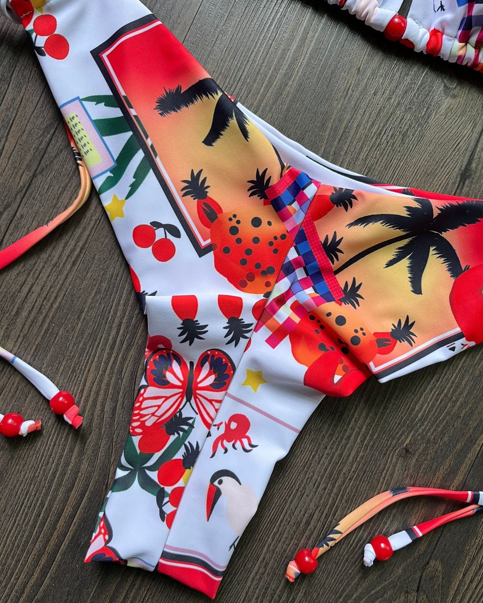 Baskılı Üçgen Bağlama İpli Üç Noktalı Bikini