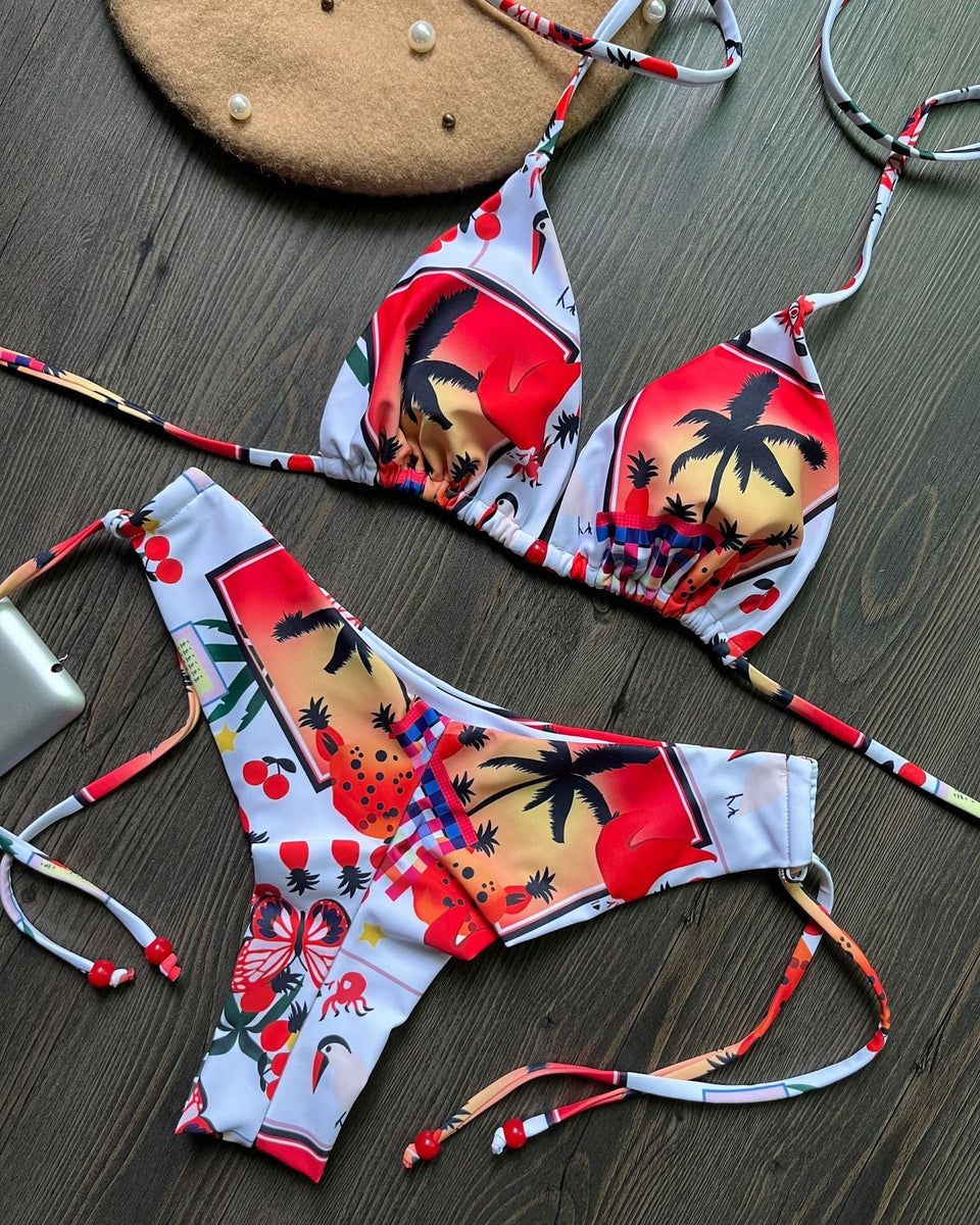 Baskılı Üçgen Bağlama İpli Üç Noktalı Bikini