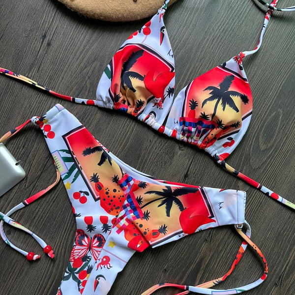 Baskılı Üçgen Bağlama İpli Üç Noktalı Bikini