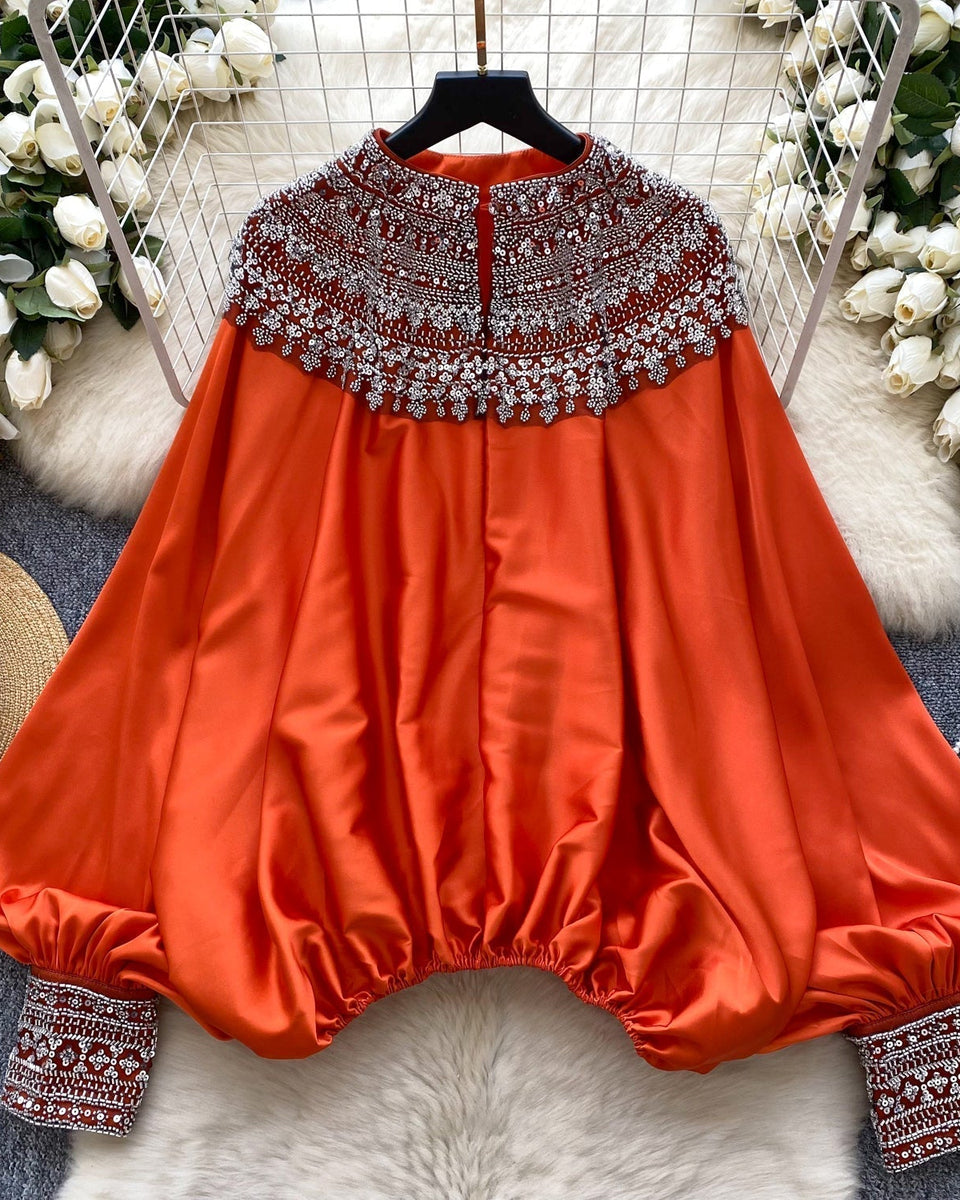 Etnik Stil Boncuklu Yarasa Kol Gömlek