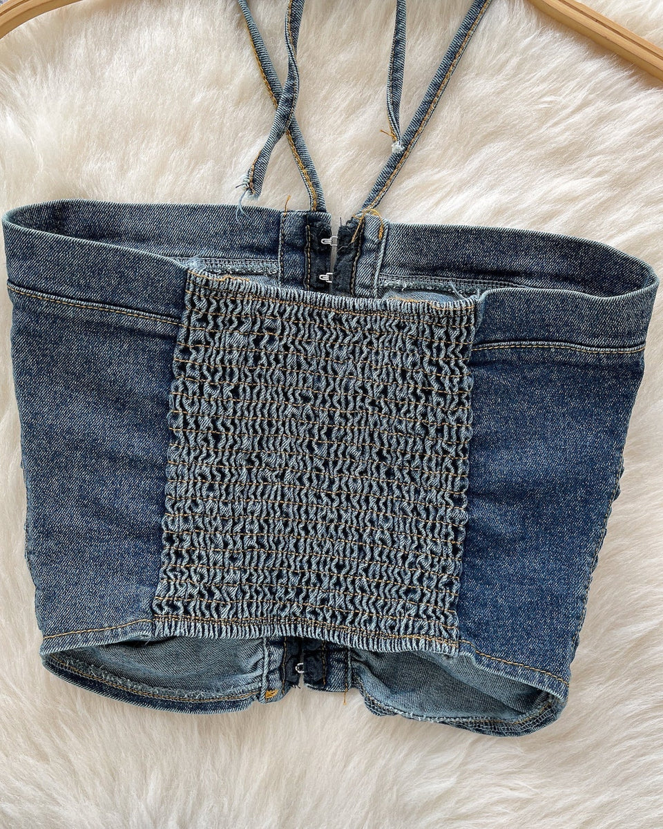Vintage Denim Plise Askılı Üst
