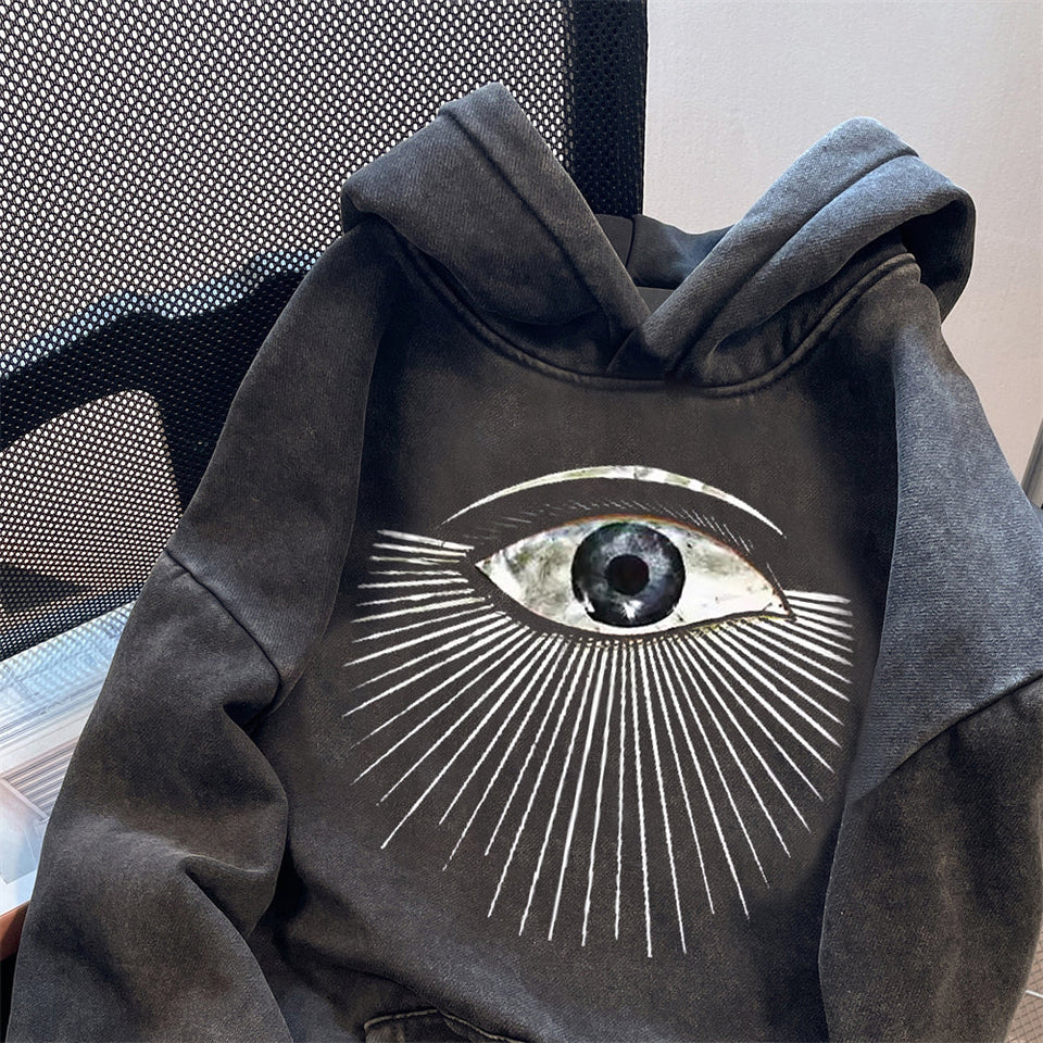 Oversize Yıpranmış Baskılı Kapüşonlu Sweatshirt