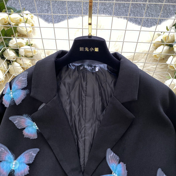3D Mavi Kelebek Siyah Blazer
