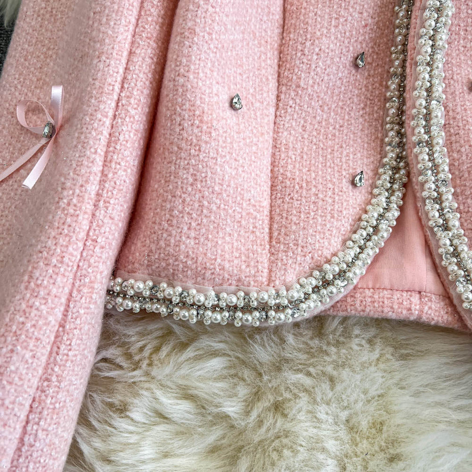Fiyonk Boncuklu Pembe Tweed Üst