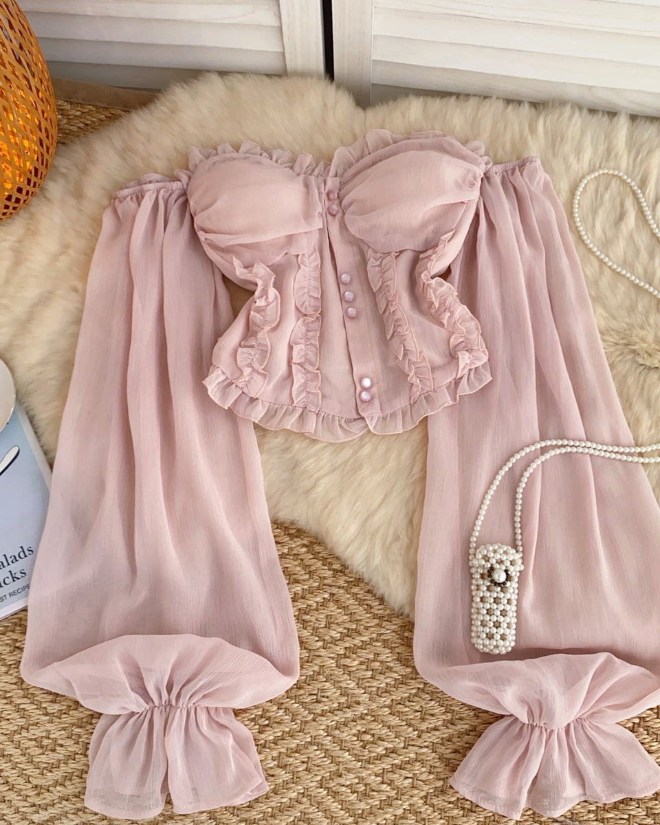 Askısız Volanlı Pembe Şifon Bluz