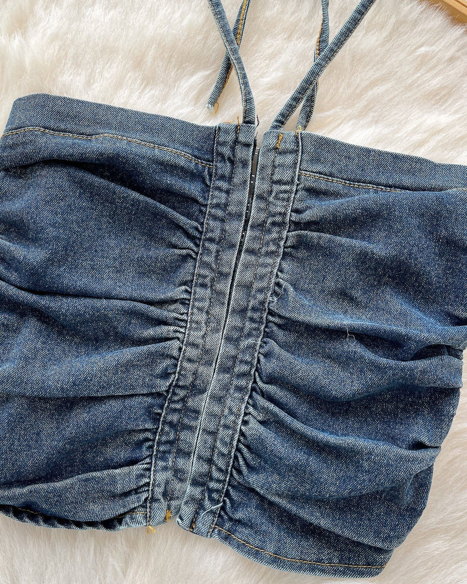 Vintage Denim Plise Askılı Üst