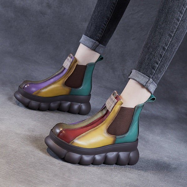 Kadınlar Platform Wedge Rainbow Yuvarlak Burun Üst Katman Botlar