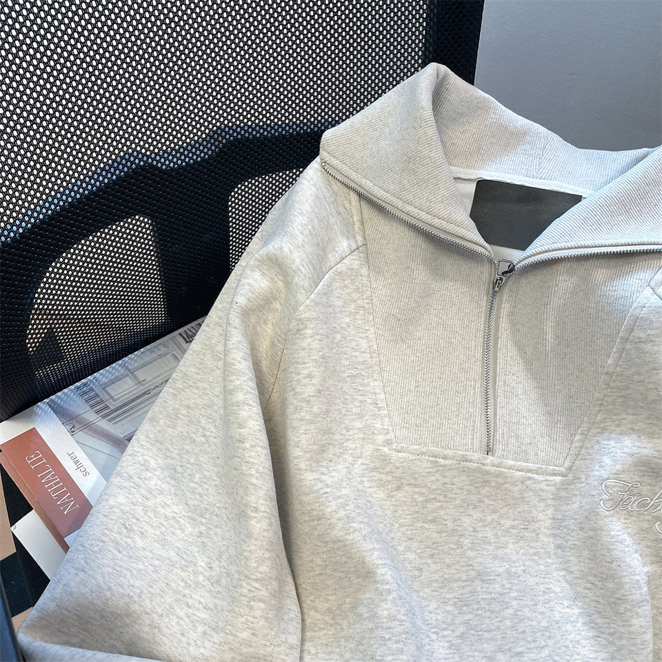 Fermuarlı Polo Yaka Bol Sweatshirt