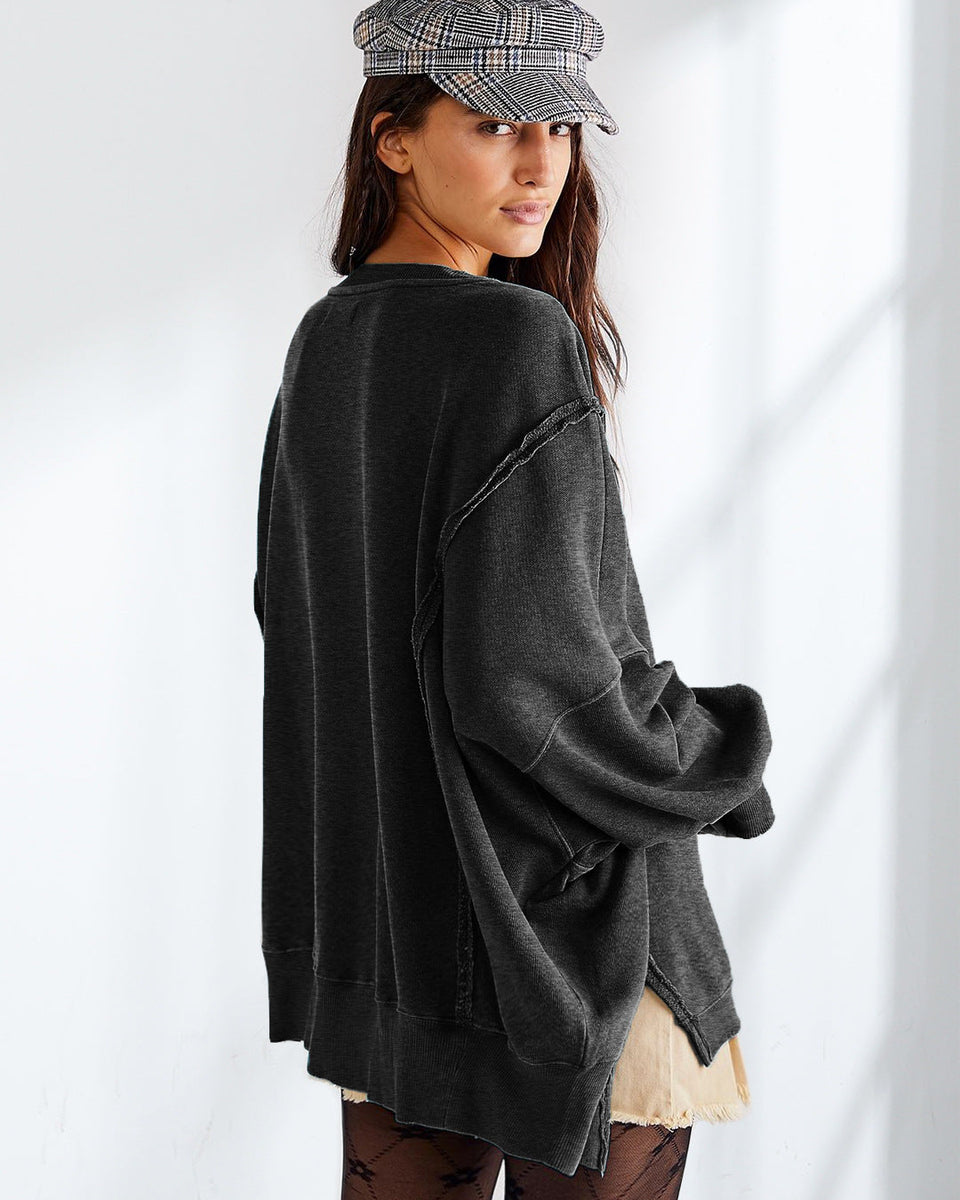 Yuvarlak Yaka Bol Kesim Yıpranmış Sweatshirt