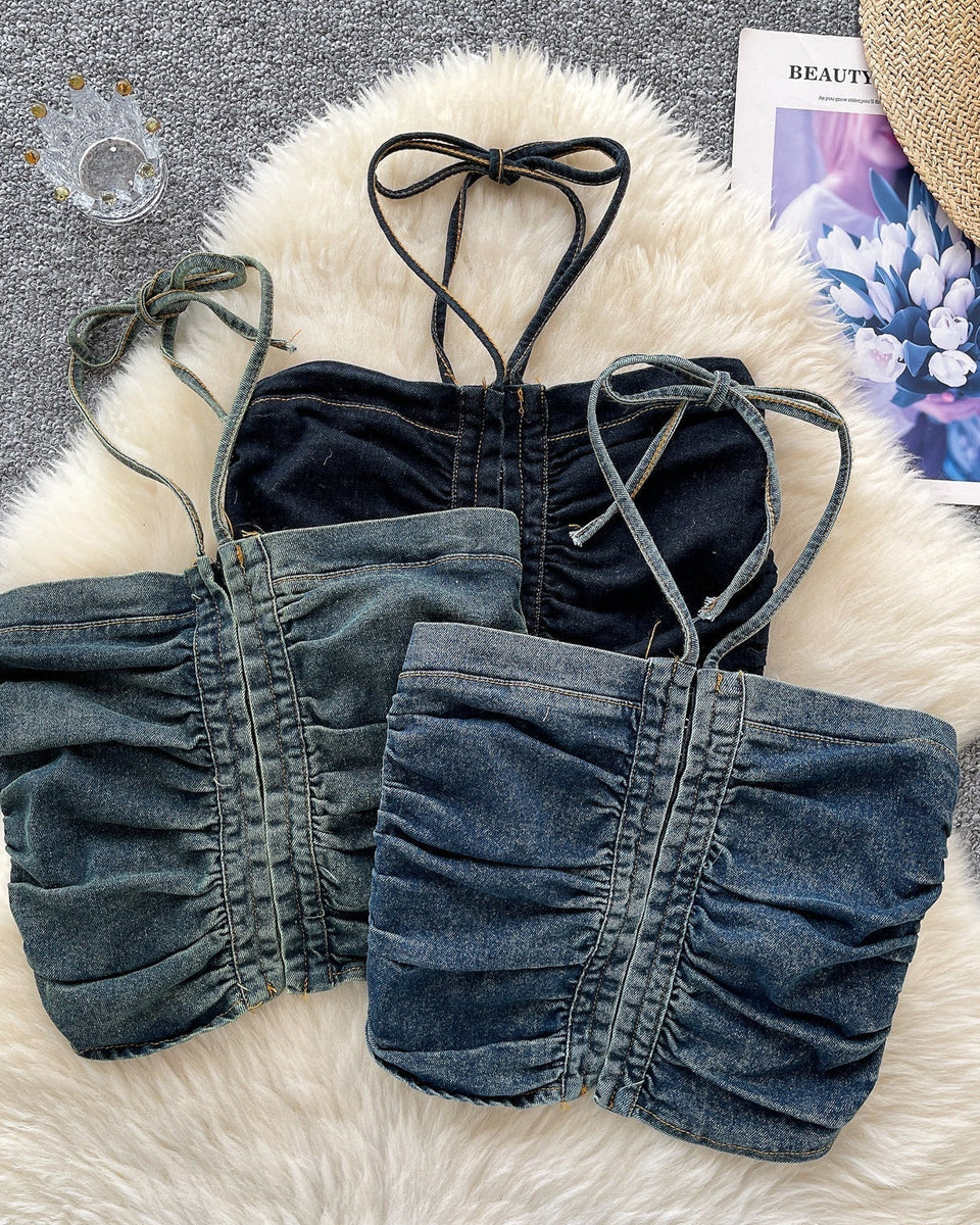 Vintage Denim Plise Askılı Üst