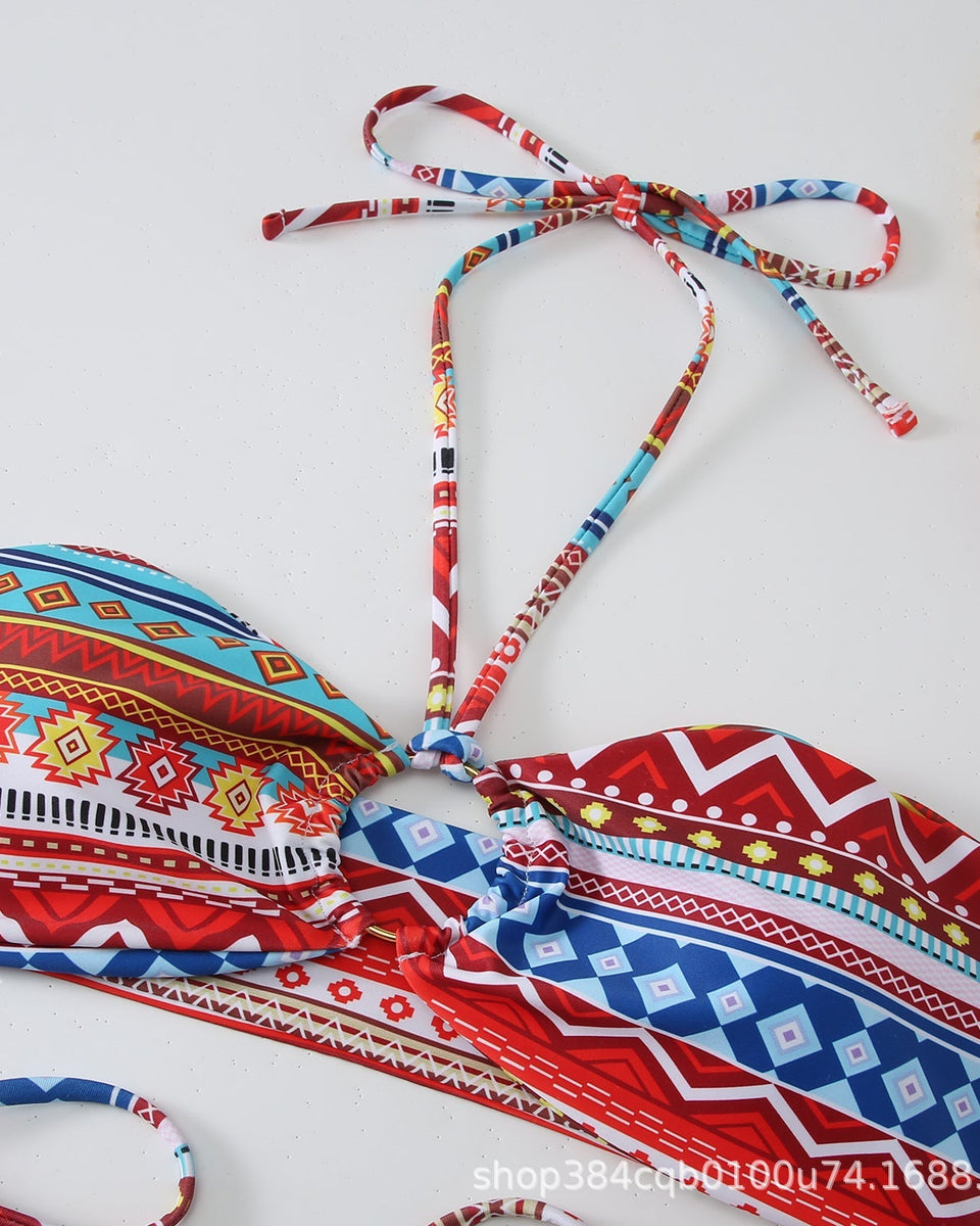 Baskılı Antik Stil Askılı Asılı Boyun Bikini