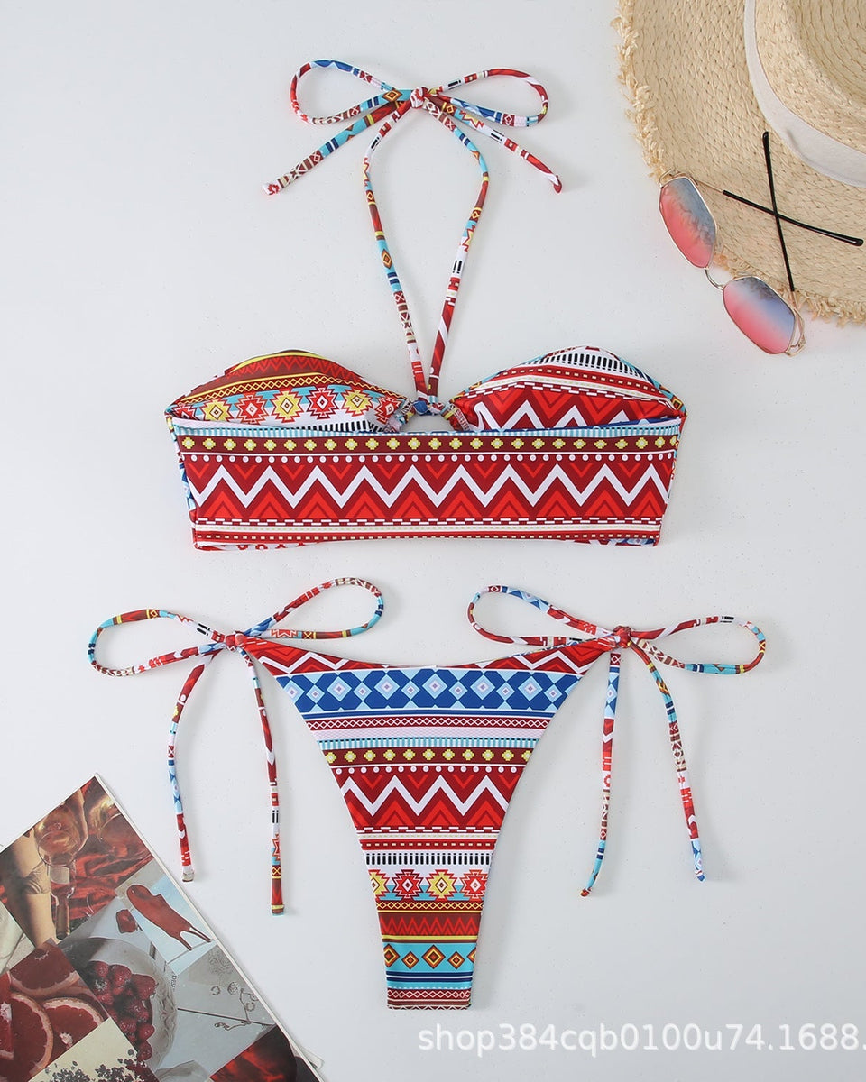 Baskılı Antik Stil Askılı Asılı Boyun Bikini