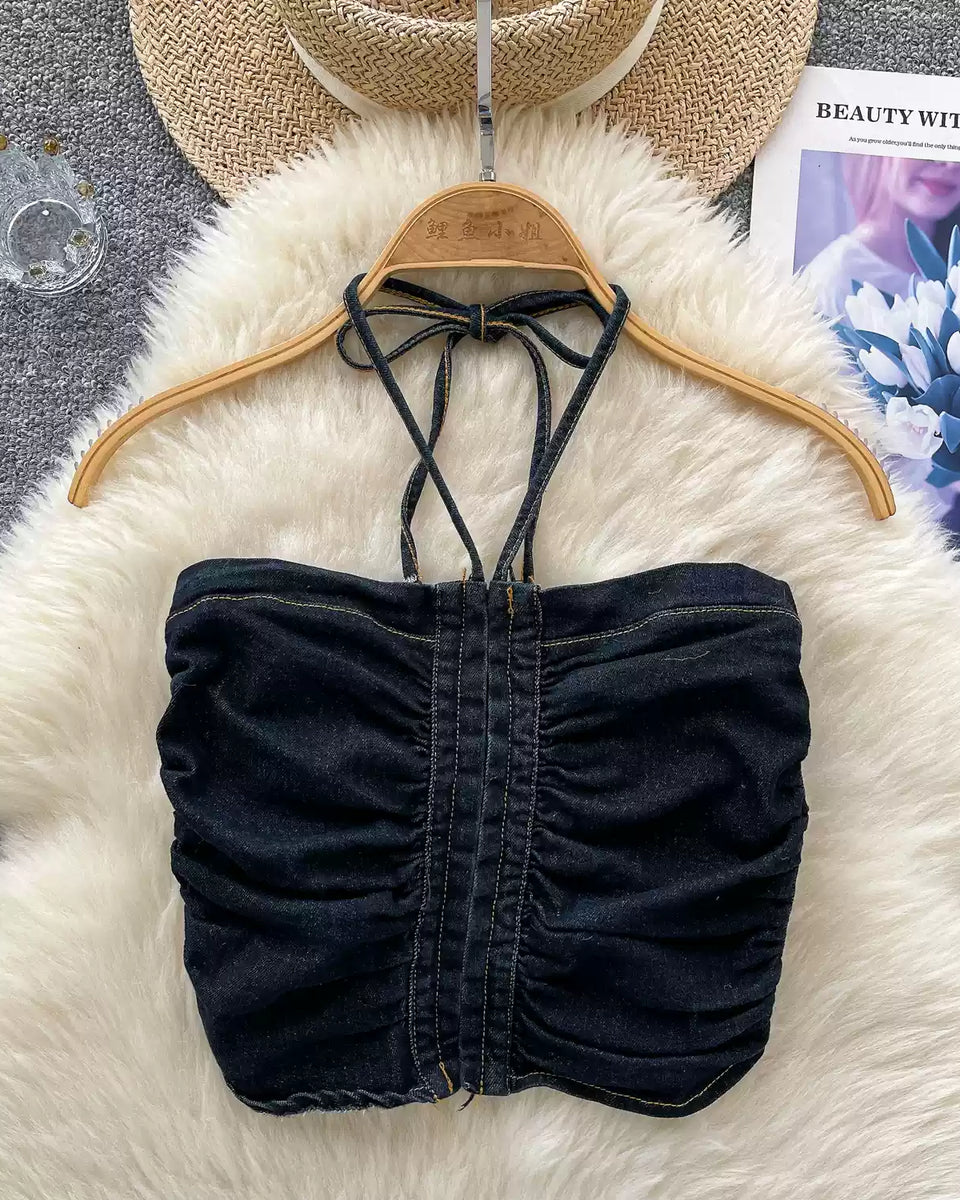 Vintage Denim Plise Askılı Üst