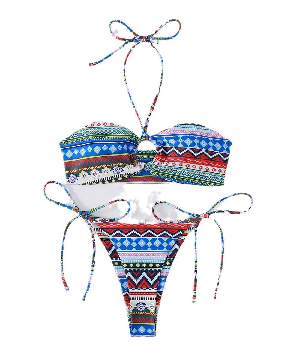 Baskılı Antik Stil Askılı Asılı Boyun Bikini