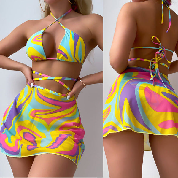 Kravat Desenli Baskılı File Üç Parça Bikini