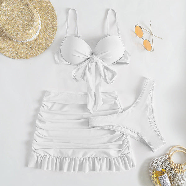 Düz Renk Üç Parça Yüksek Sarma Bikini
