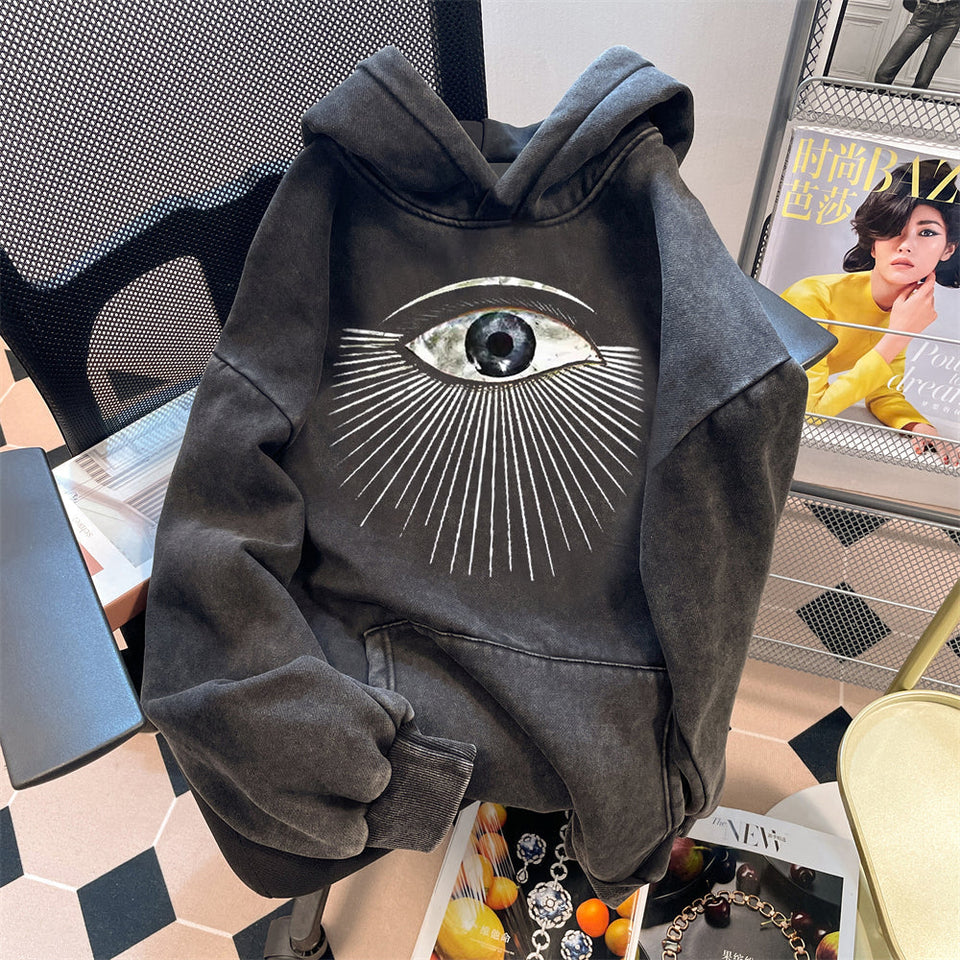 Oversize Yıpranmış Baskılı Kapüşonlu Sweatshirt