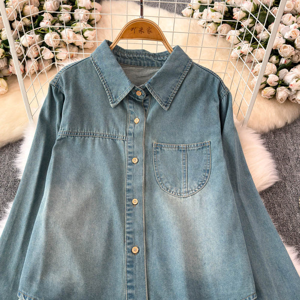 Şal Detaylı Yaka Açık Denim Gömlek
