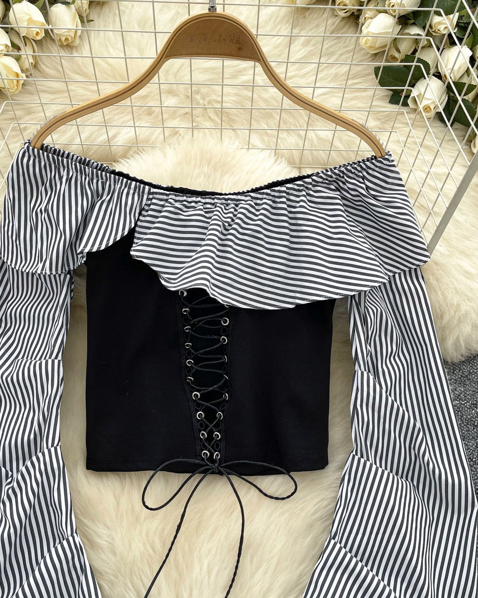 Omuz Açık Çizgili Patchwork Üst