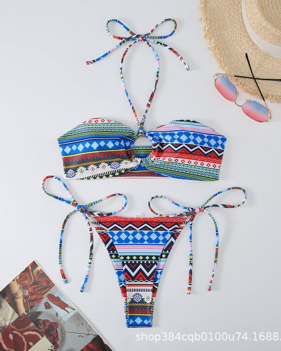 Baskılı Antik Stil Askılı Asılı Boyun Bikini