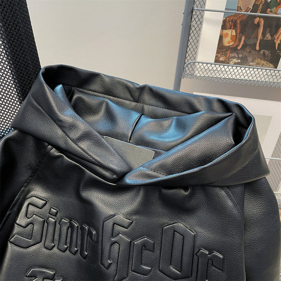 Şık Siyah PU Heykelsi Hoodie