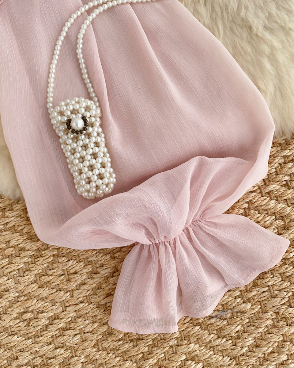 Askısız Volanlı Pembe Şifon Bluz