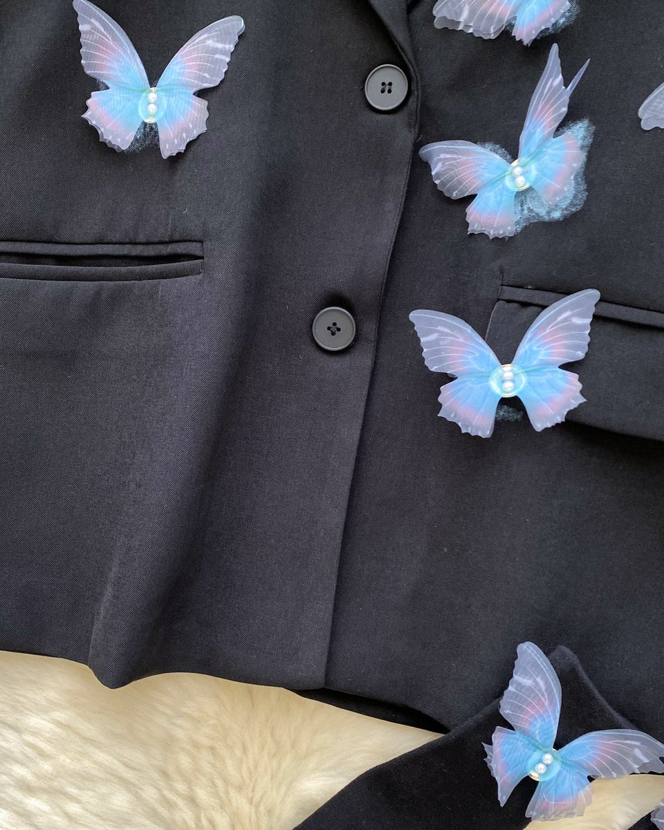 3D Mavi Kelebek Siyah Blazer