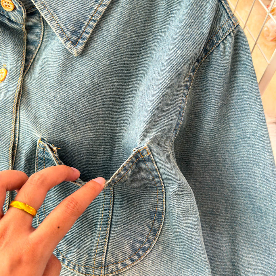 Şal Detaylı Yaka Açık Denim Gömlek
