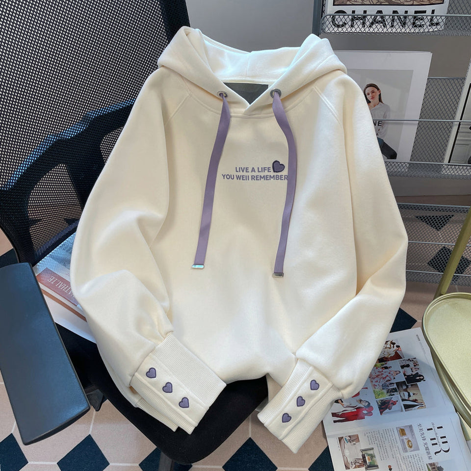 Tatlı Kalp Baskılı Kapüşonlu Sweatshirt