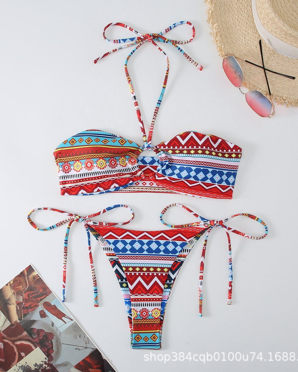 Baskılı Antik Stil Askılı Asılı Boyun Bikini