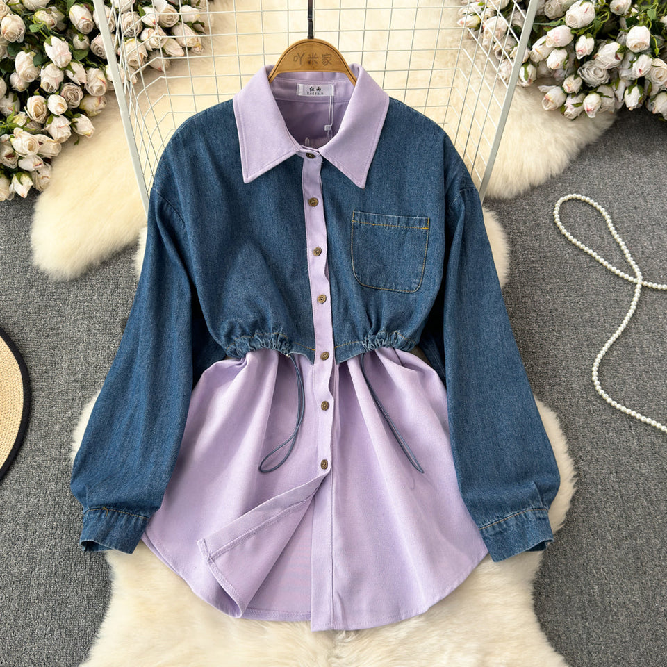 Şık Denim Patchwork Esnek Gömlek
