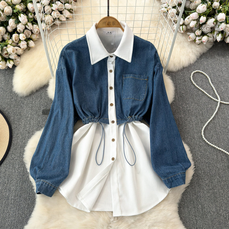 Şık Denim Patchwork Esnek Gömlek