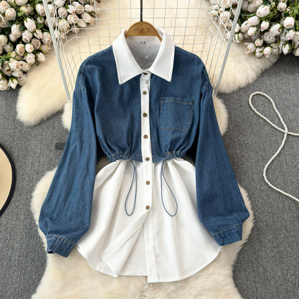 Şık Denim Patchwork Esnek Gömlek